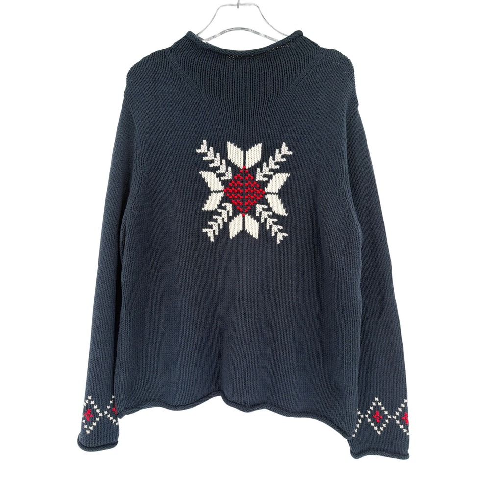 Norton Studio Navy Blue Snowflake Nordic Knit Mock Neck Sweater Large - Picture 2 of 7